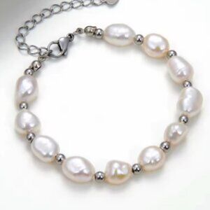 Pearl Bracelet,Real Freshwater Pearls Bracelet,Oval Shape Pearl Beads,Handmade